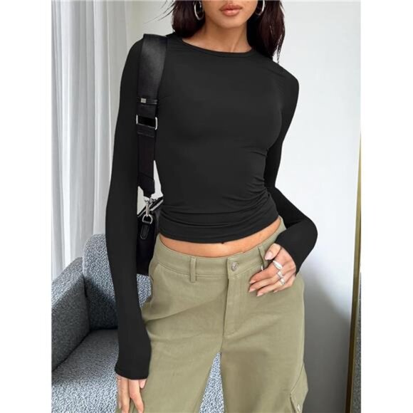 Women’s Long Sleeve Stretch Crop Top | Crew Neck Fitted Underscrub Shirt - Picture 6 of 6